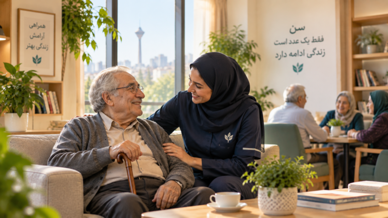 سالمند و مراقب در فضای یک مرکز سالمندان در تهران
