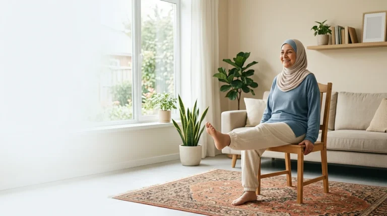 ورزش برای سالمندان در منزل؛ حرکت کشش پا روی صندلی