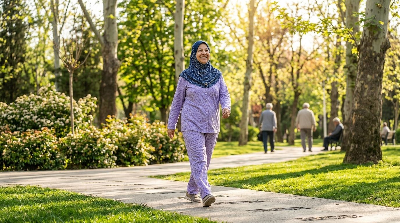 پیاده‌روی صبحگاهی سالمند در پارک برای بهبود خواب سالمندان