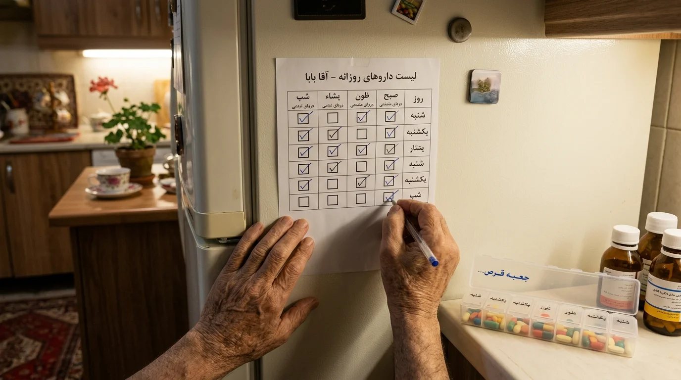 چکلیست روزانه مدیریت دارو سالمندان روی یخچال