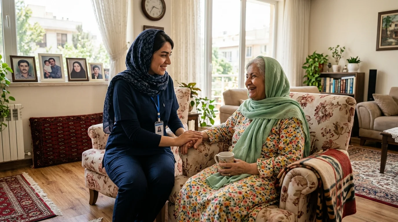 پرستار سالمند در منزل در حال مراقبت از سالمند در خانه