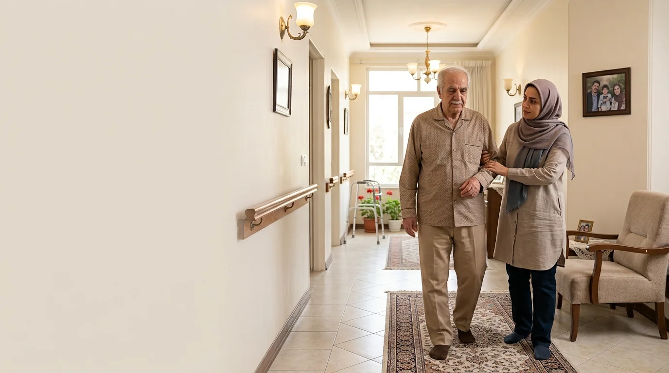 مراقبت از سالمند پارکینسونی در منزل؛ همراهی مراقب در راهرو ایمن