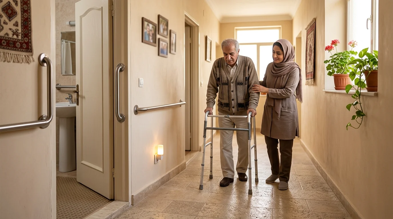 راهرو ایمن با میله دستگیره؛ مراقبت از سالمند پارکینسونی در منزل